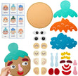 Set of felt face components and emotion cards on a white background