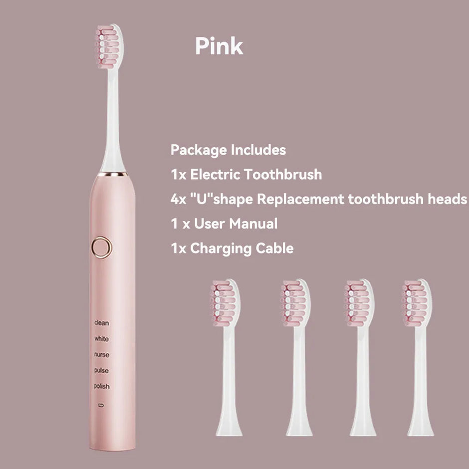Pink electric toothbrush with replacement heads and packaging details on a beige background