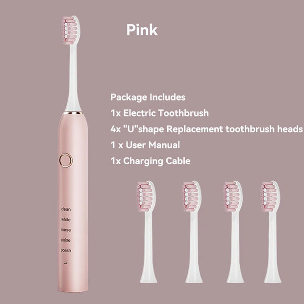 Pink electric toothbrush with replacement heads and packaging details on a beige background