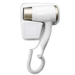 White wall-mounted hair dryer with coiled cord on a white background