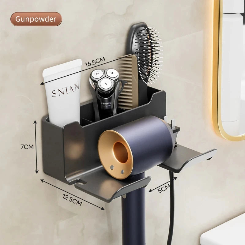 Wall-mounted hair care station with dimensions labeled, featuring a hair dryer, shaver, and other tools.