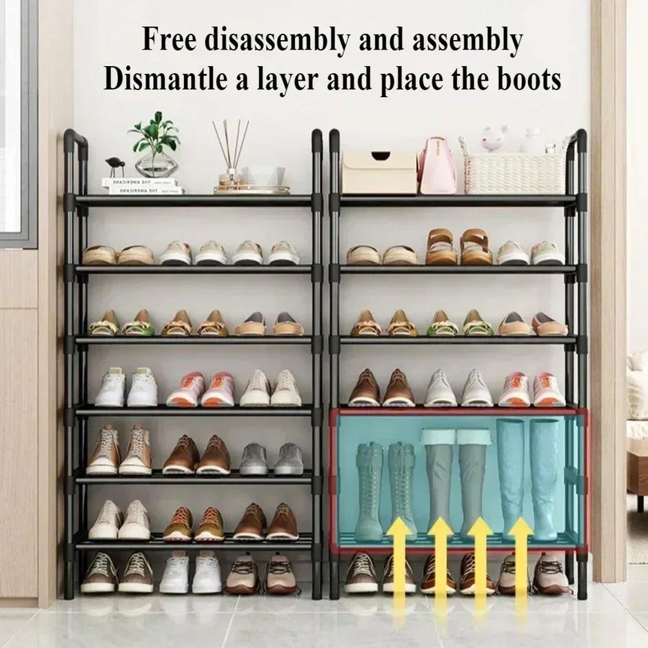 Shoe rack with multiple shelves displaying various shoes and a storage compartment.