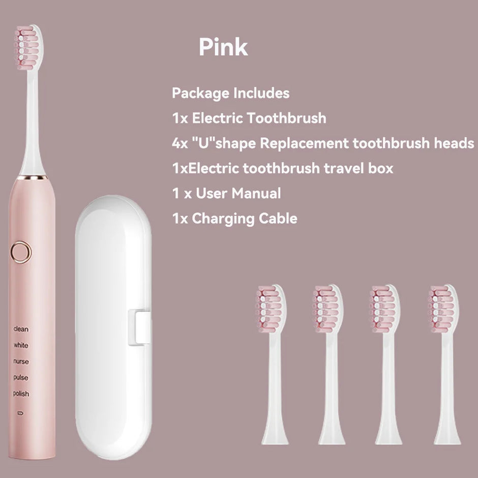 Pink electric toothbrush set with travel case, replacement heads, and charging cable on a beige background.