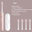 Pink electric toothbrush set with travel case, replacement heads, and charging cable on a beige background.