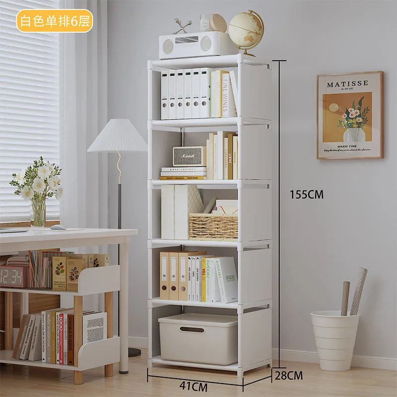 White bookshelf with books and decor items in a room setting, with dimensions displayed.