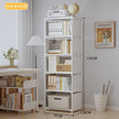 White bookshelf with books and decor items in a room setting, with dimensions displayed.