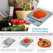 Digital kitchen scale with food on a kitchen counter, showing how to use it for cooking.
