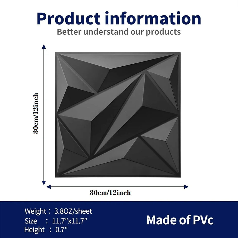 Product information card for a geometric wall panel with dimensions and material details.