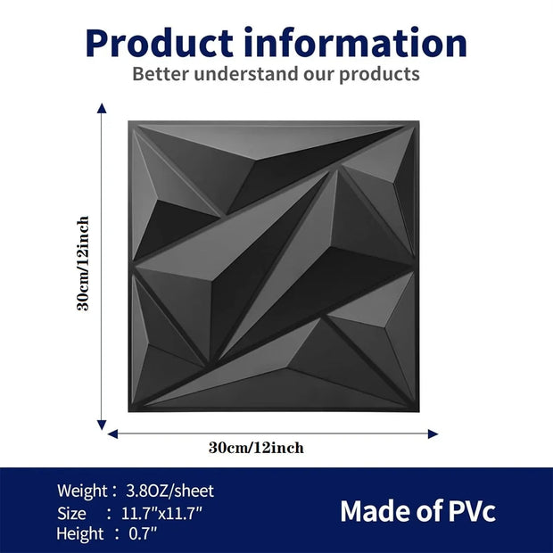 Product information card for a geometric wall panel with dimensions and material details.