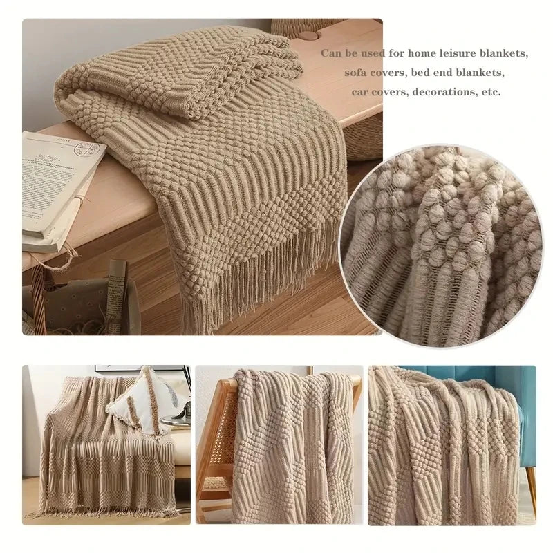 Beige textured blanket shown in various settings with close-up details.
