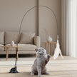 Cat playing with a fishing rod toy on a white background