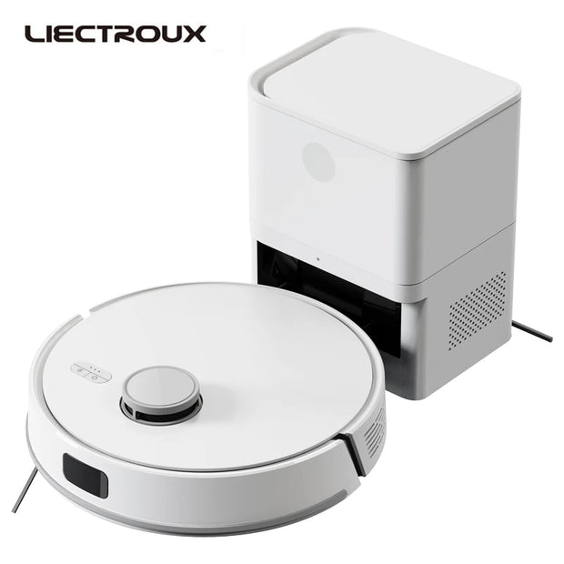 Robotic vacuum cleaner with charging station on a white background, featuring the LIECTROUX brand.