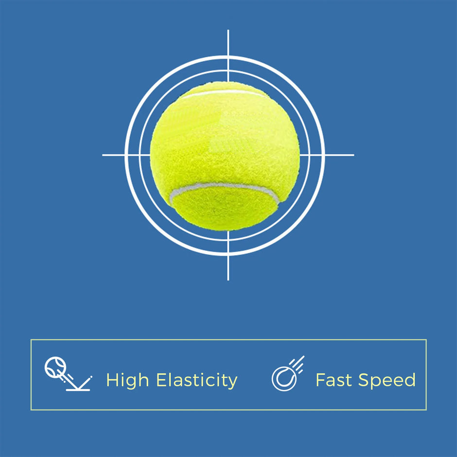 Yellow tennis ball with target lines on a blue background, featuring text 'High Elasticity' and 'Fast Speed'.