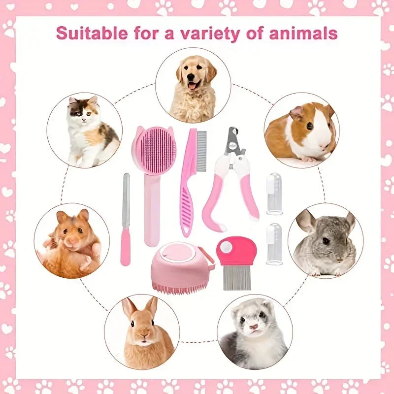 Pet grooming tools set with images of various animals on a pink background