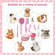 Pet grooming tools set with images of various animals on a pink background
