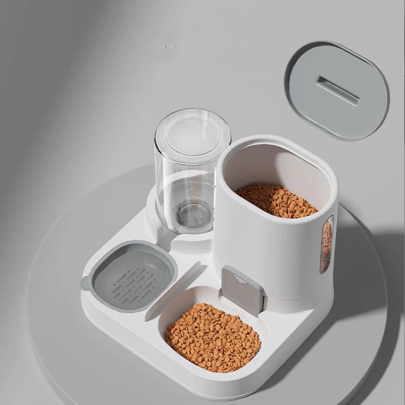 Pet feeding station with food bowls and water dispenser on a gray background