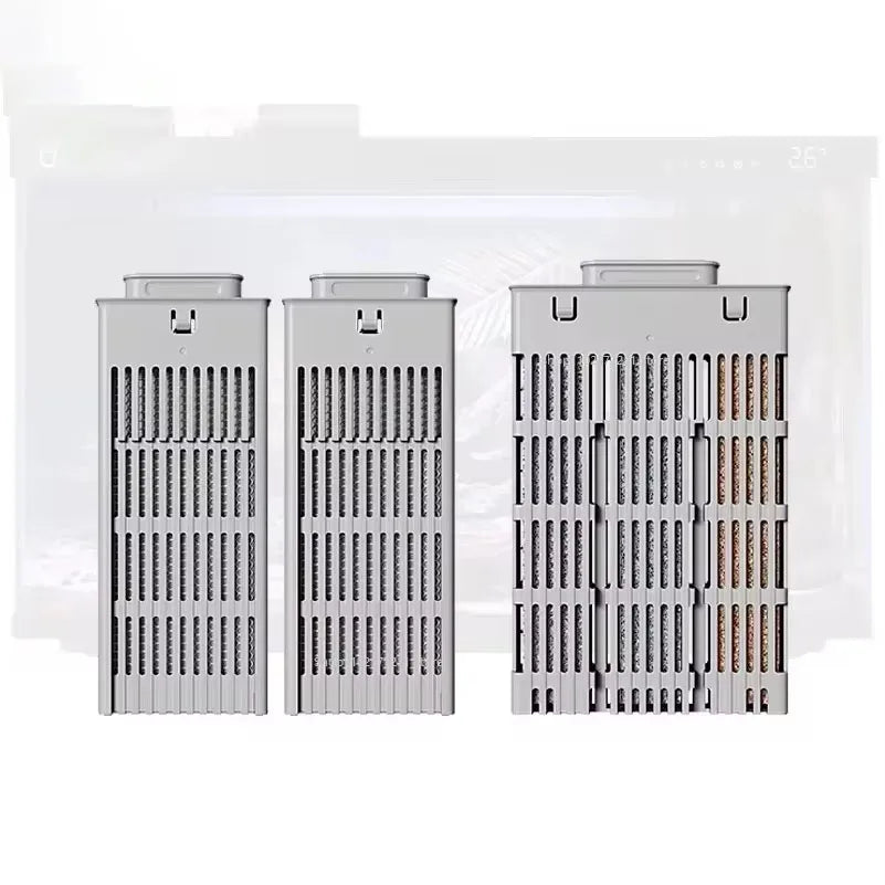 Three metallic filters on a white background