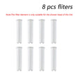Eight white cylindrical filters on a white background with text indicating compatibility.