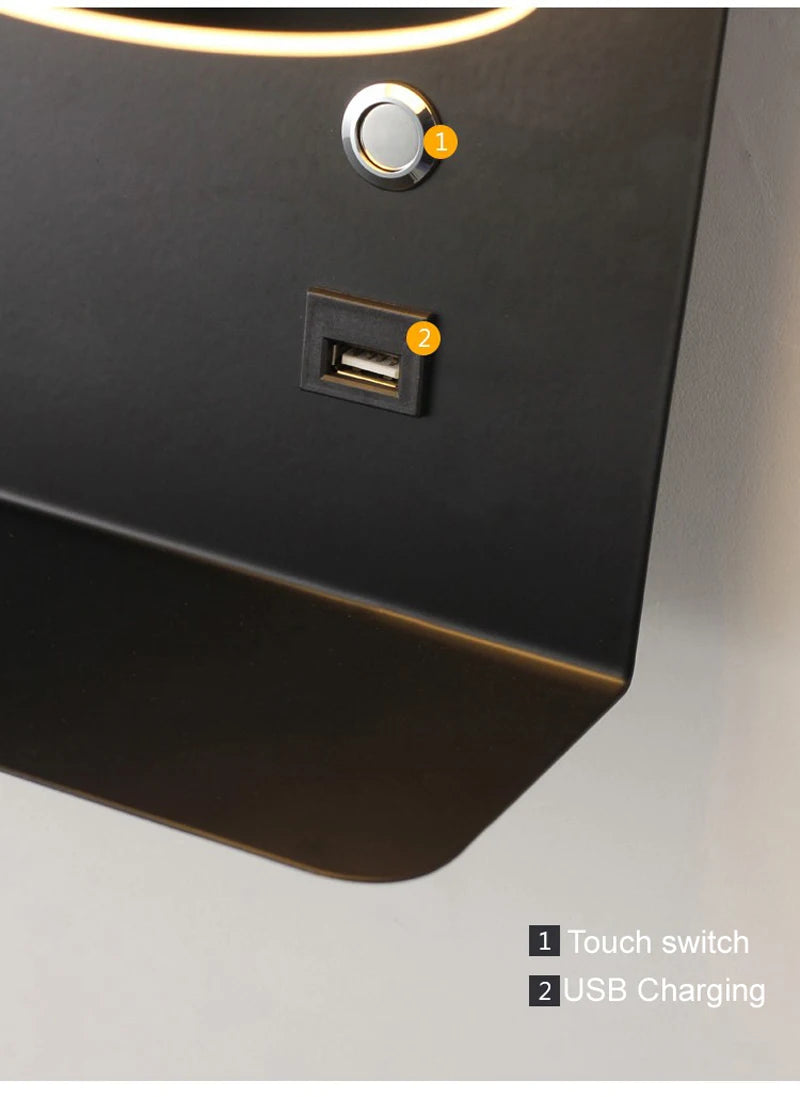 مصباح جداري LED Art Deco مع منفذ USB للشحن ومفتاح لمس – أسود وأبيض
