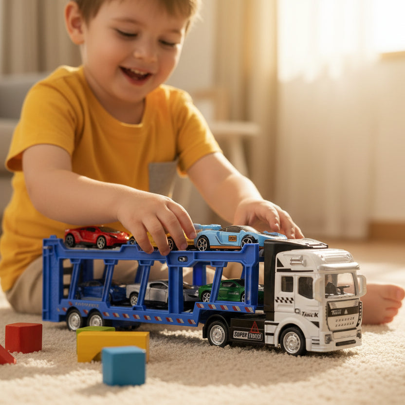 Toy car transporter with multiple small cars on a dark background