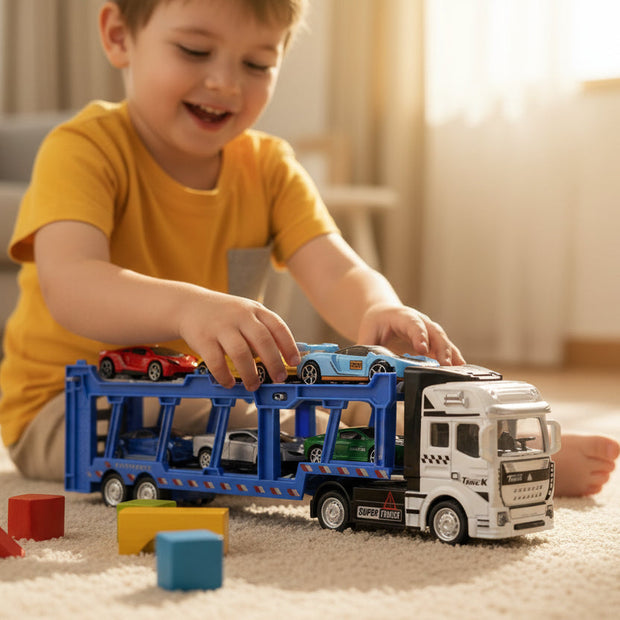 Toy car transporter with multiple small cars on a dark background