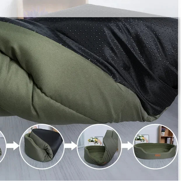 Green and black inflatable bed with transformation process shown, on a gray background.