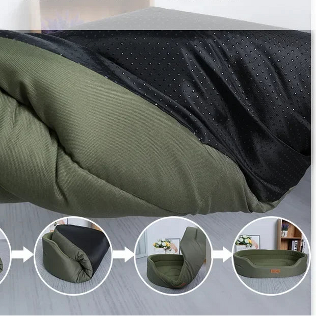 Green and black inflatable bed with transformation process shown, on a gray background.