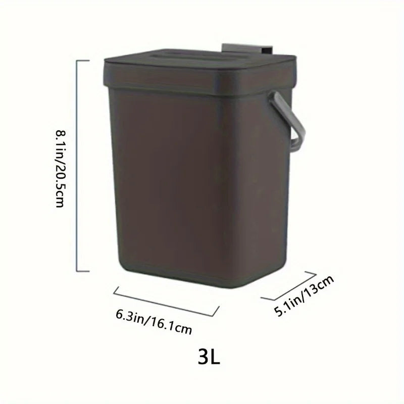 Black trash bin with dimensions labeled on a white background
