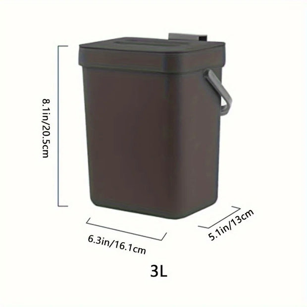 Black trash bin with dimensions labeled on a white background