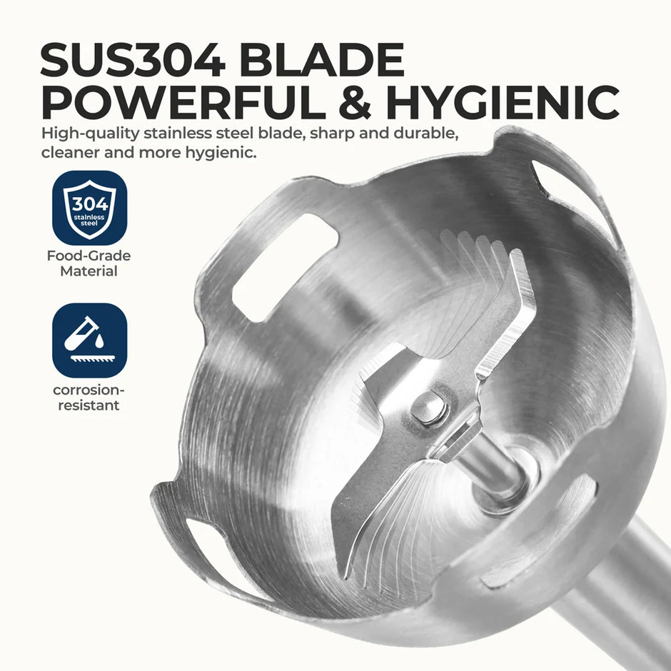 Stainless steel blade with text highlighting its features on a white background