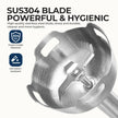 Stainless steel blade with text highlighting its features on a white background