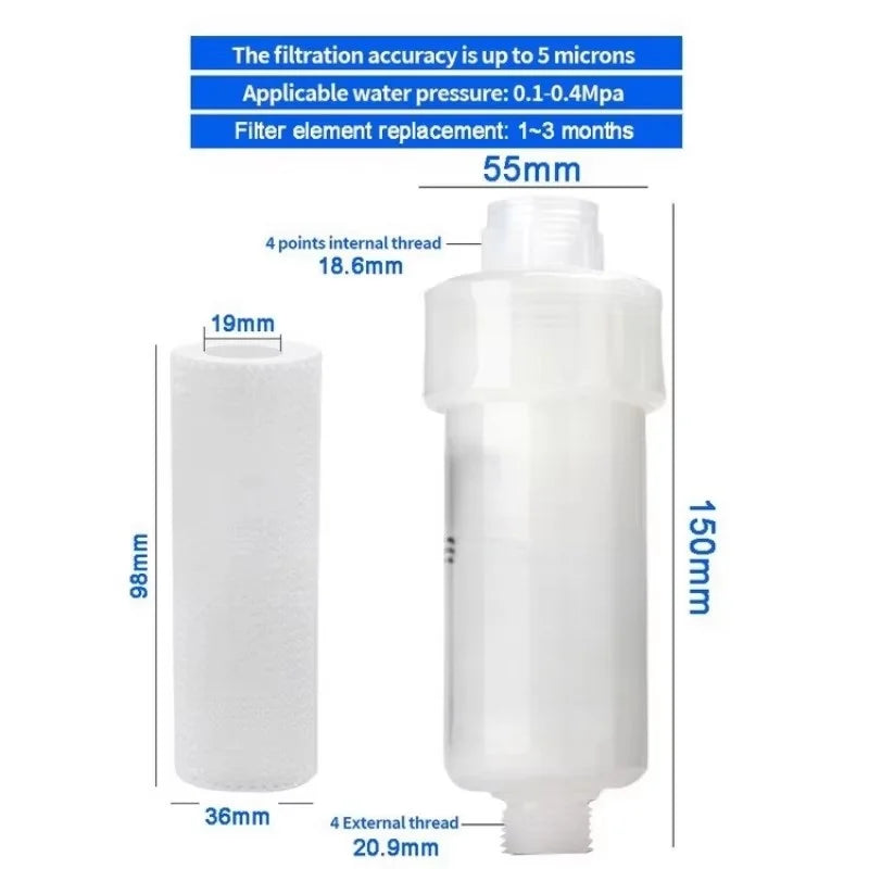 White water filter with dimensions and specifications on a white background