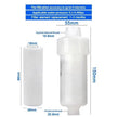 White water filter with dimensions and specifications on a white background
