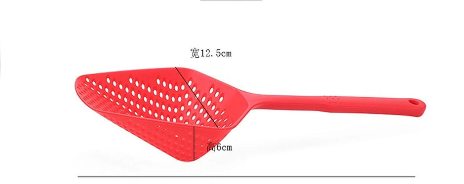 Red plastic fly swatter with measurements on a white background