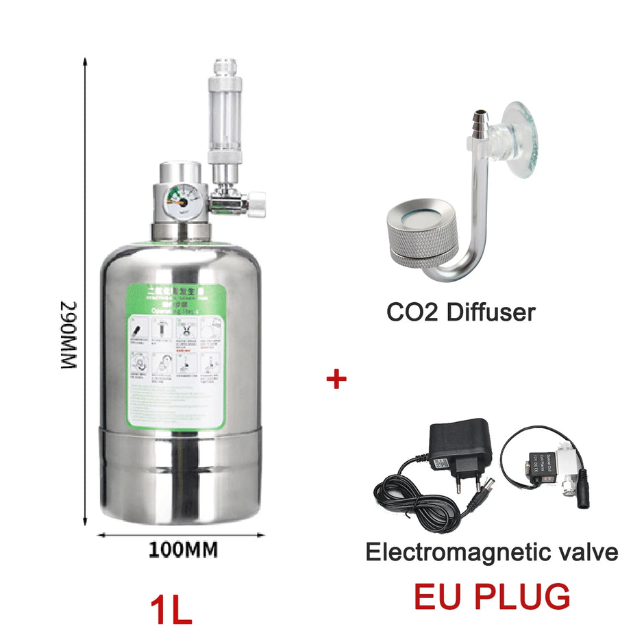 CO2 tank with CO2 diffuser, electromagnetic valve, and EU plug on a white background