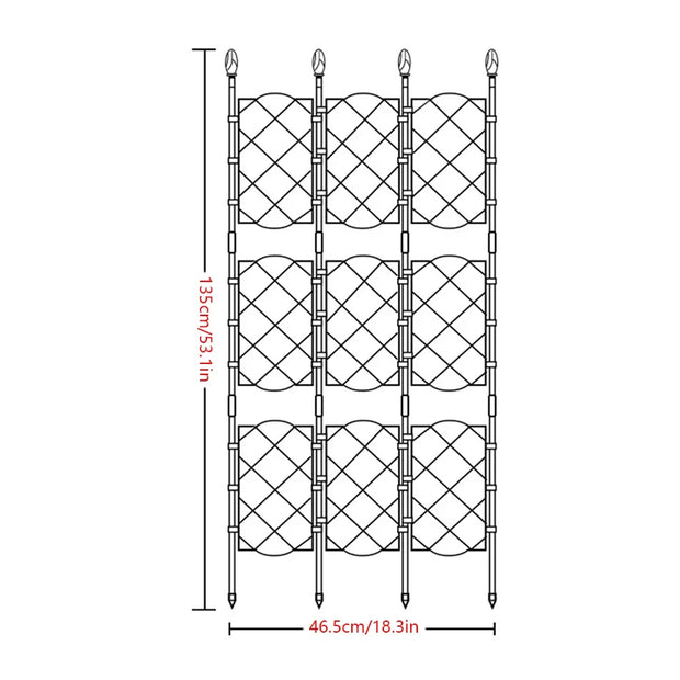 Dimensions of a decorative metal screen with measurements indicated.