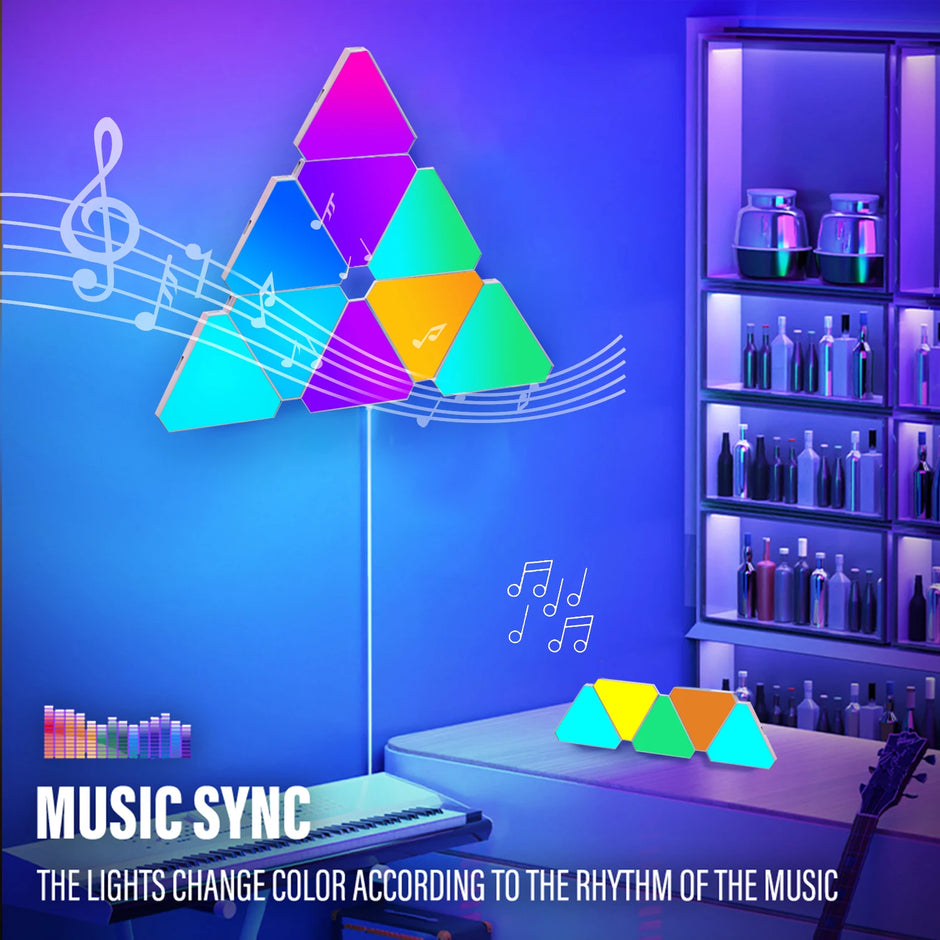 Color-changing LED triangle lights synced to music in a room with shelves and a guitar.