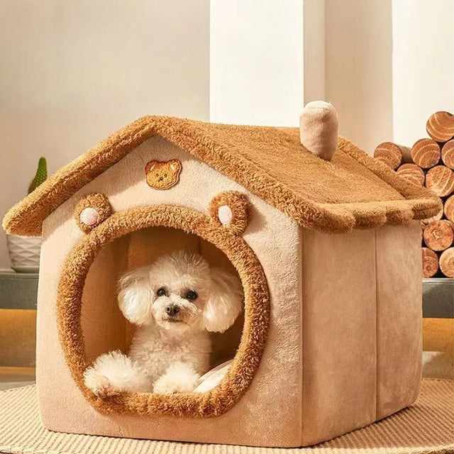 Dog sitting inside a cozy pet house with a wooden log pile in the background