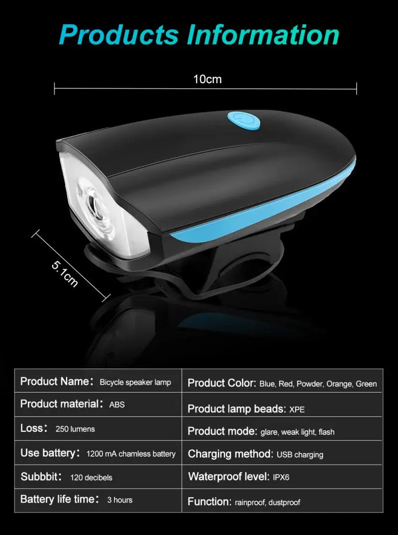 Bicycle speaker lamp with dimensions and product information on a black background