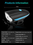 Bicycle speaker lamp with dimensions and product information on a black background