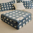 Blue and white checkered blanket on a bed with patterned pillows.