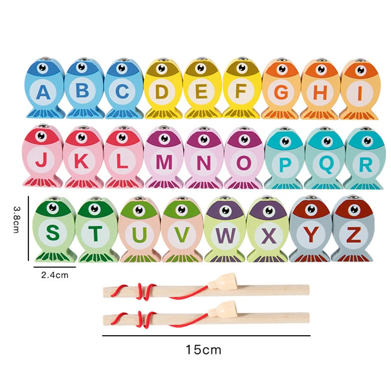 Colorful wooden fish with letters A-Z on a white background