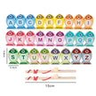 Colorful wooden fish with letters A-Z on a white background