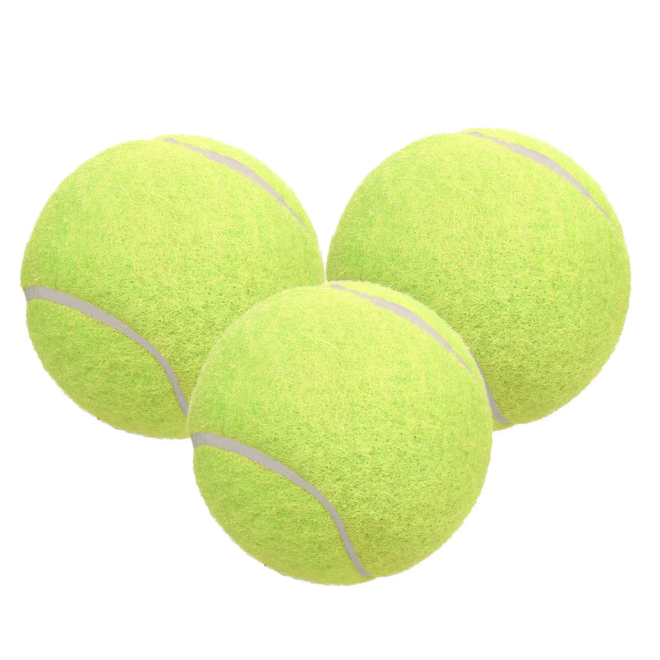 Three yellow tennis balls with white strings on a white background