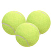 Three yellow tennis balls with white strings on a white background