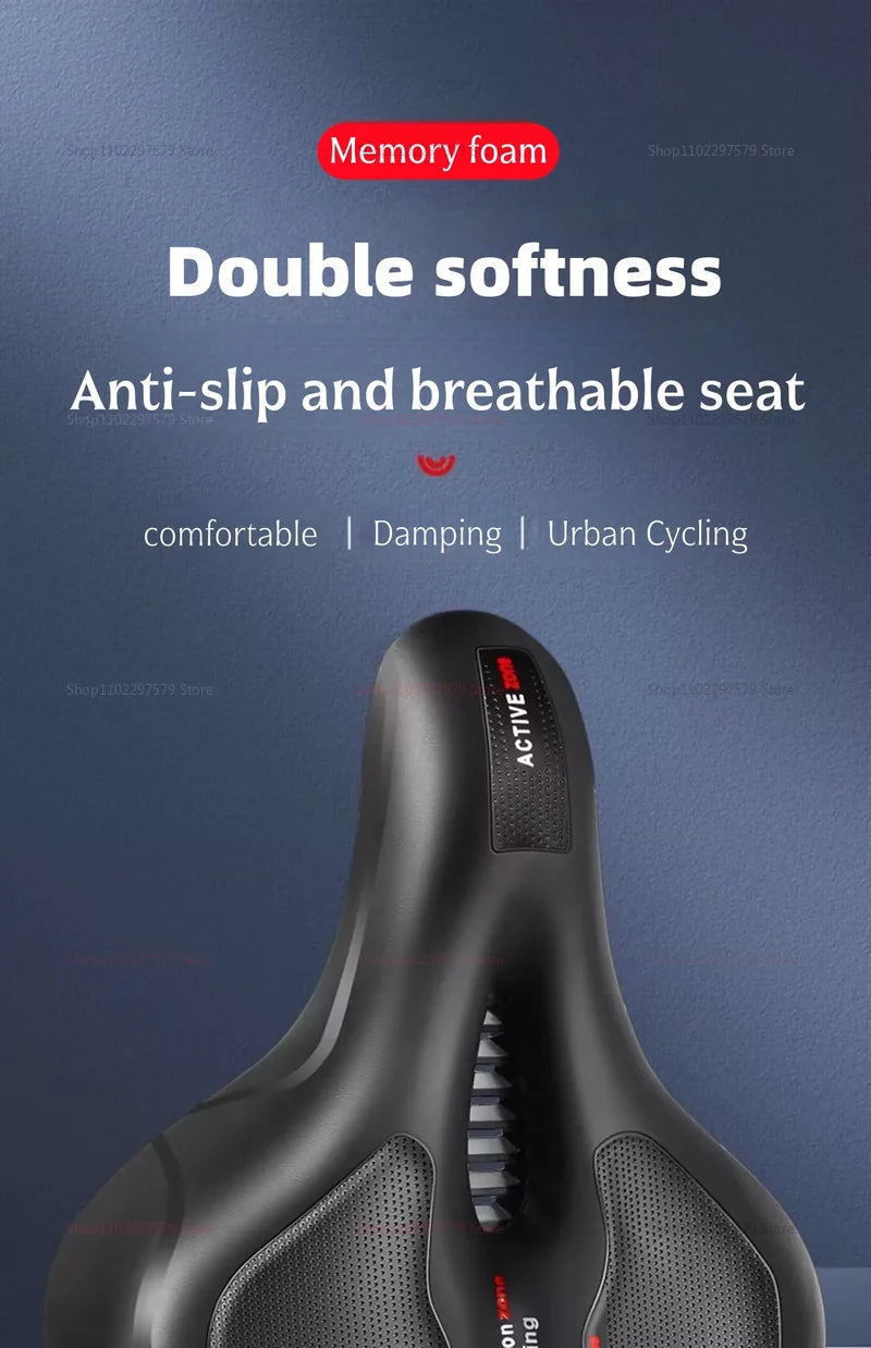 Bicycle seat with memory foam and anti-slip features on a blue background