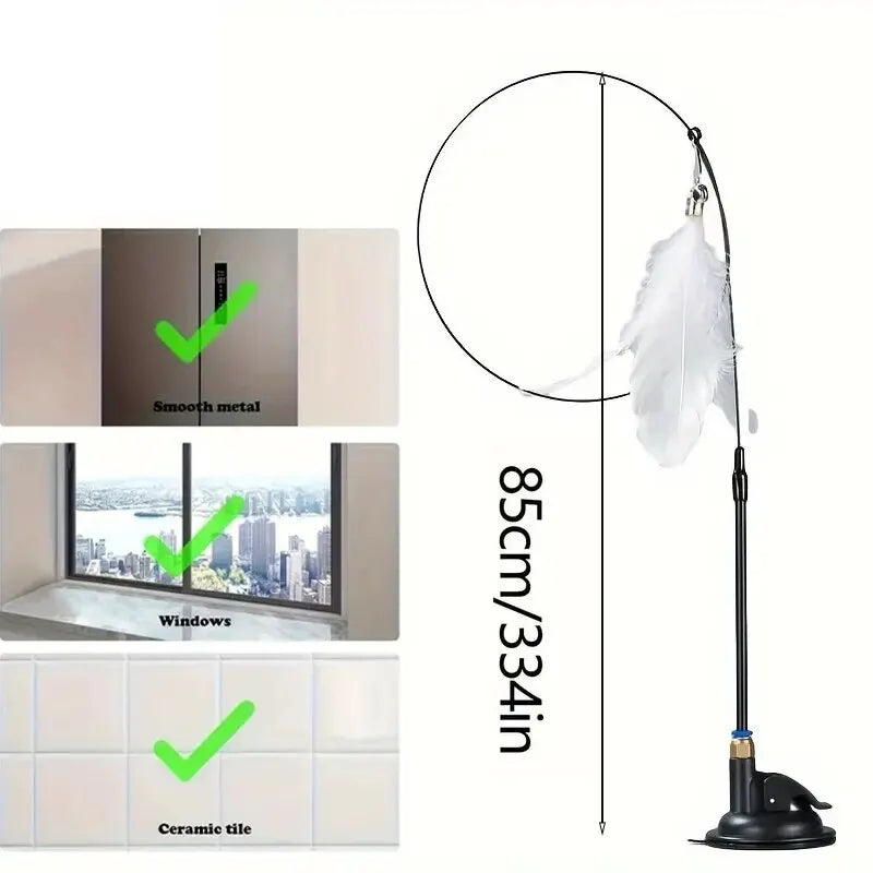 Feather duster with height measurement and compatibility checkmarks for metal, glass, and ceramic surfaces.