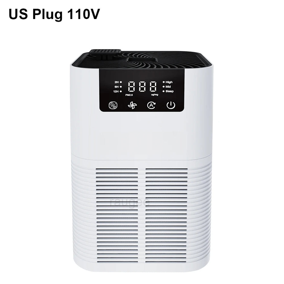 White air purifier with digital display on a white background, labeled 'US Plug 110V'.
