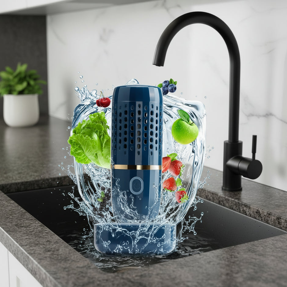 Blue kitchen appliance with fruits and vegetables on a white background