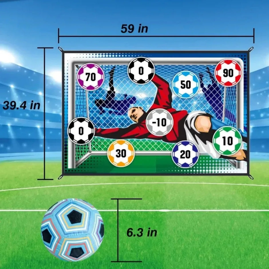 Soccer goal with scoring display and soccer ball on a field background
